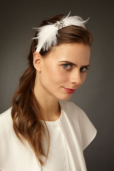 Bridal headband with feathers and deco crystals by Cappellino Millinery